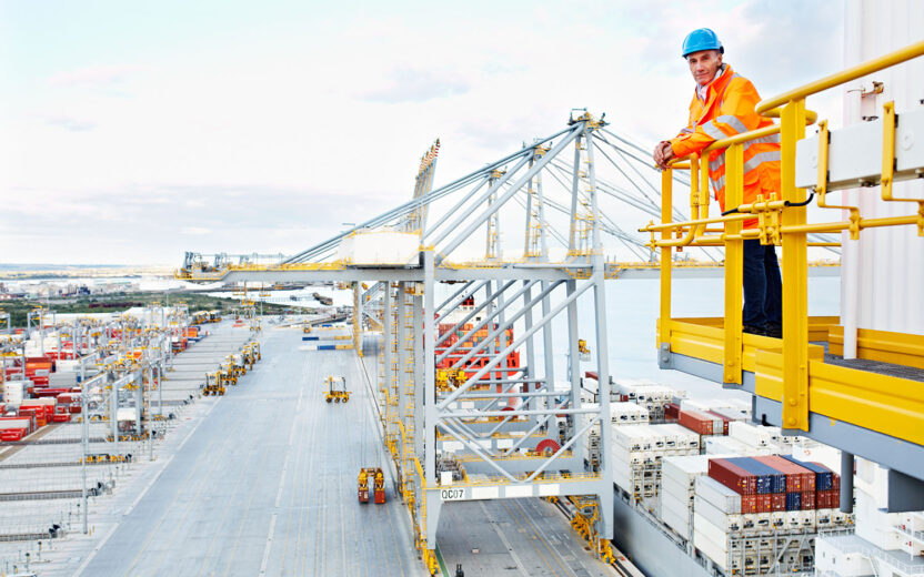 Portrait of a man in workwear standing on a walkway looking out over at a large commercial dock
