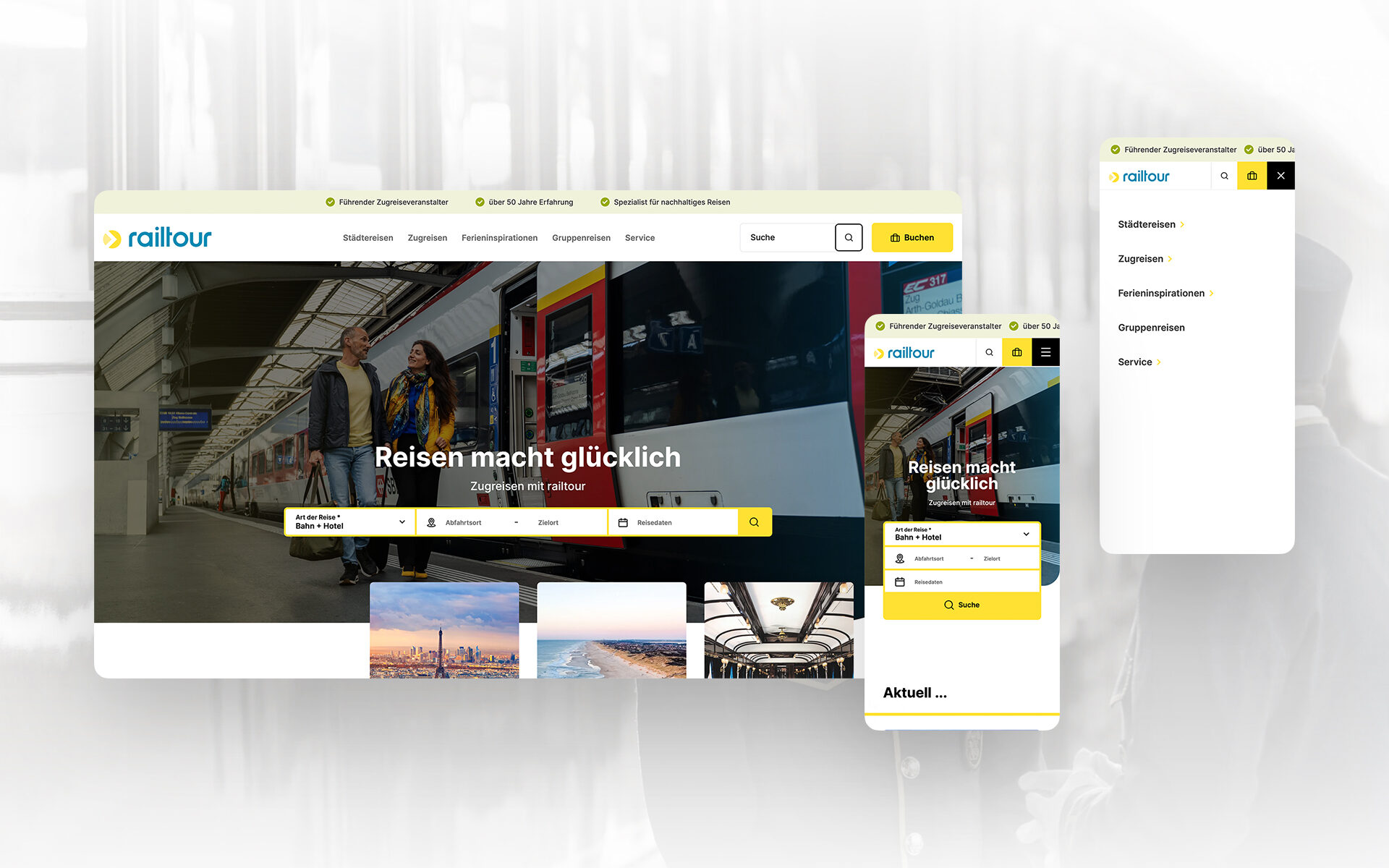 Mockup of the Railtour website on various devices. The homepage features a traveling couple on a platform in front of a modern train, with the slogan "Travel brings happiness." Navigation and search functionality for Railtour offers are prominently displayed.