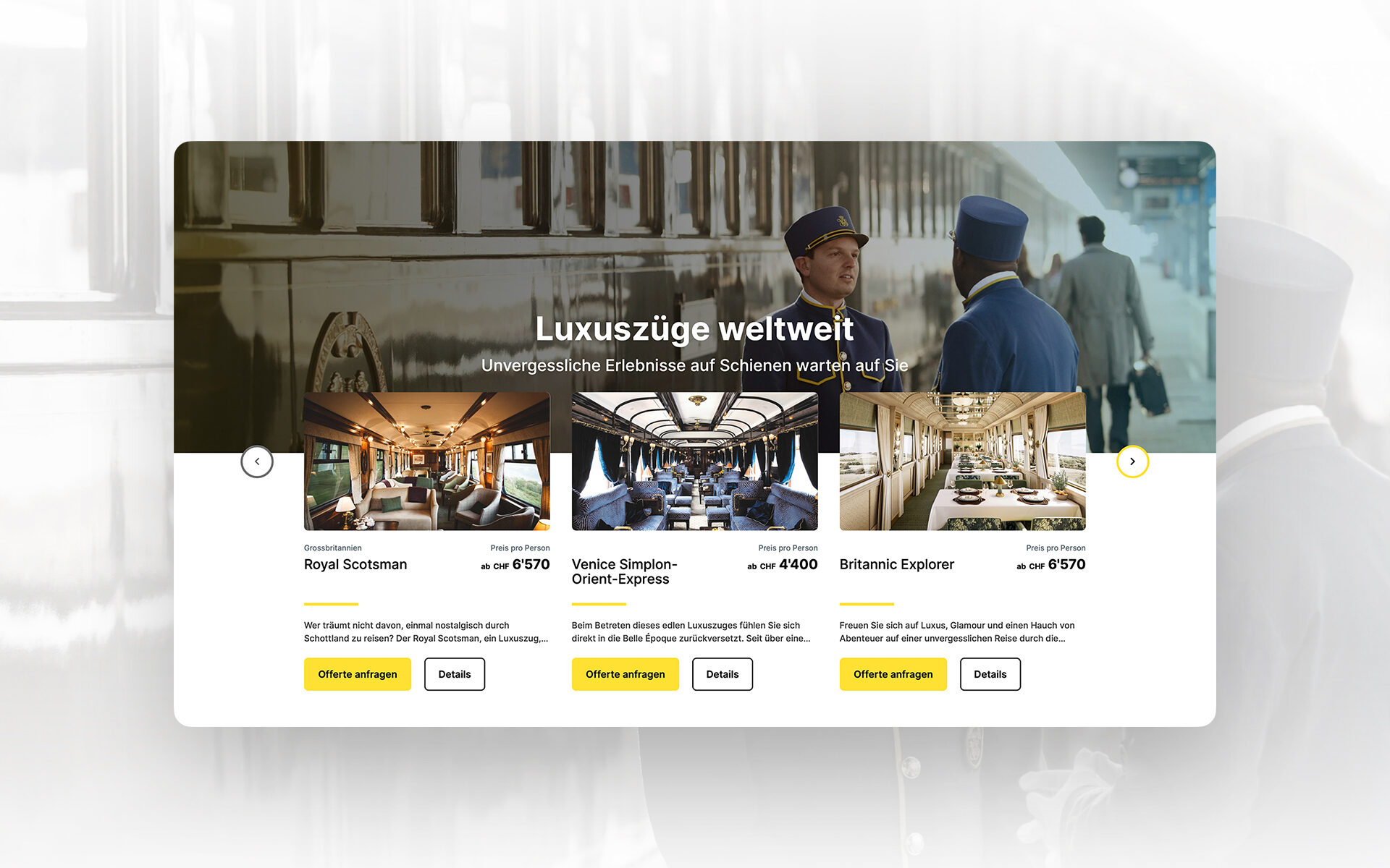 Mockup der neuen Railtour-Website mit Fokus auf Luxuszugreisen weltweit. Präsentiert werden exklusive Angebote für den Royal Scotsman, den Venice Simplon-Orient-Express und den Britannic Explorer. Im Hintergrund sind zwei Zugbegleiter in historischen Uniformen vor einem eleganten Zug zu sehen.