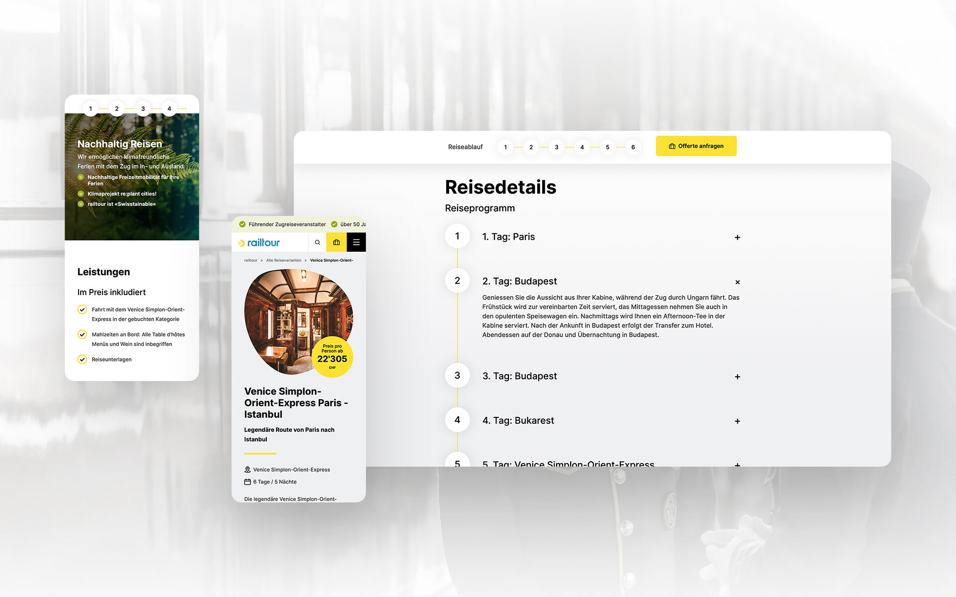 Mockup der neuen Railtour-Website mit Reiseinformationen zum Venice Simplon-Orient-Express von Paris nach Istanbul. Dargestellt sind eine detaillierte Reiseroute mit Tagesetappen, inkludierte Leistungen und nachhaltige Reiseoptionen. Die mobile Ansicht zeigt die Buchungsdetails und Preisangaben.