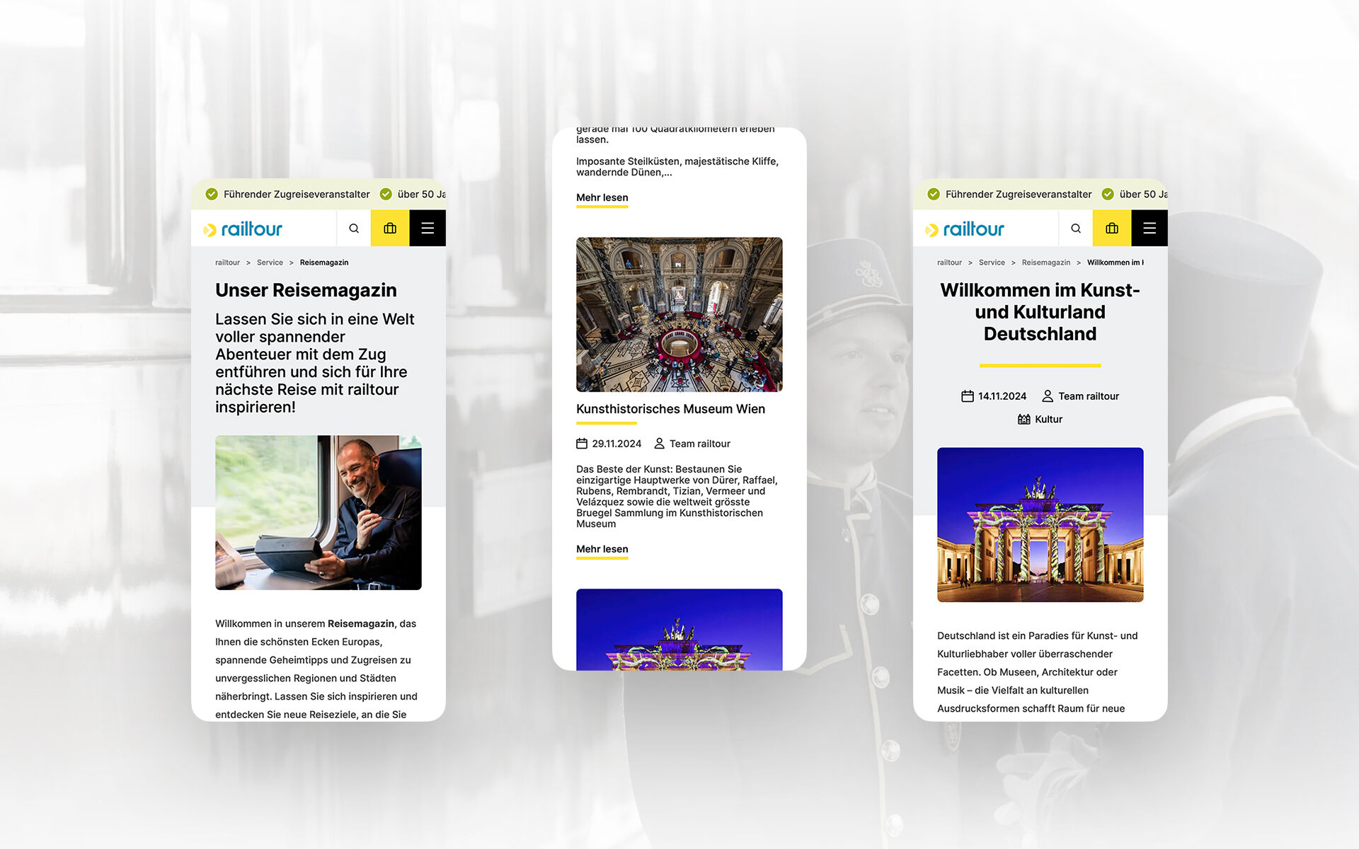 Mockup of the Railtour website featuring the digital travel magazine. The mobile view displays inspiring articles about train journeys, including a piece on the Kunsthistorisches Museum Vienna and an introduction to Germany as a country of art and culture. The magazine offers tips and recommendations for unforgettable Railtour experiences.