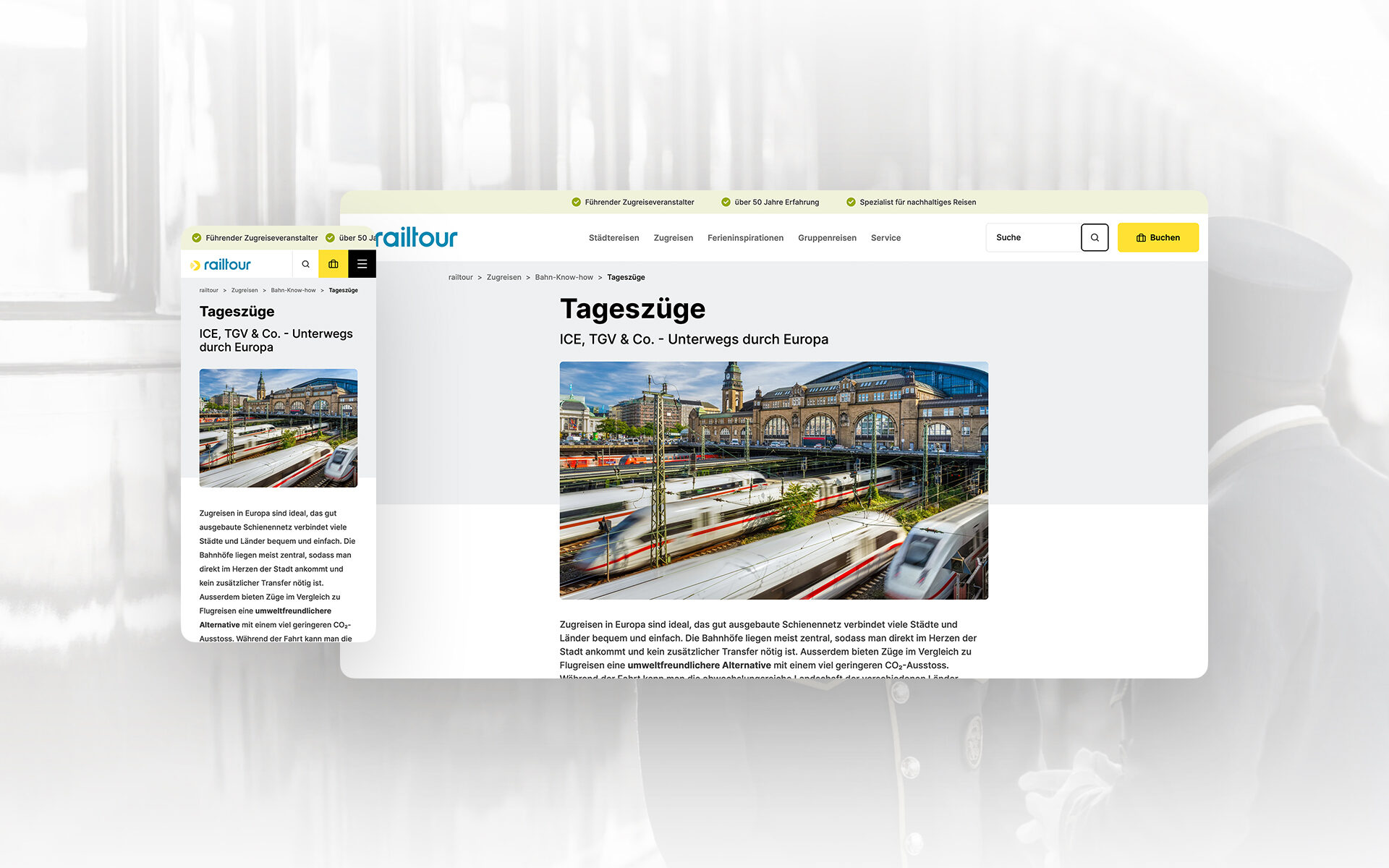 Mockup of the Railtour website featuring an information page about daytime trains in Europe. The page highlights the benefits of ICE, TGV, and other high-speed trains for eco-friendly and comfortable travel. An image shows a busy train station with modern trains in motion.