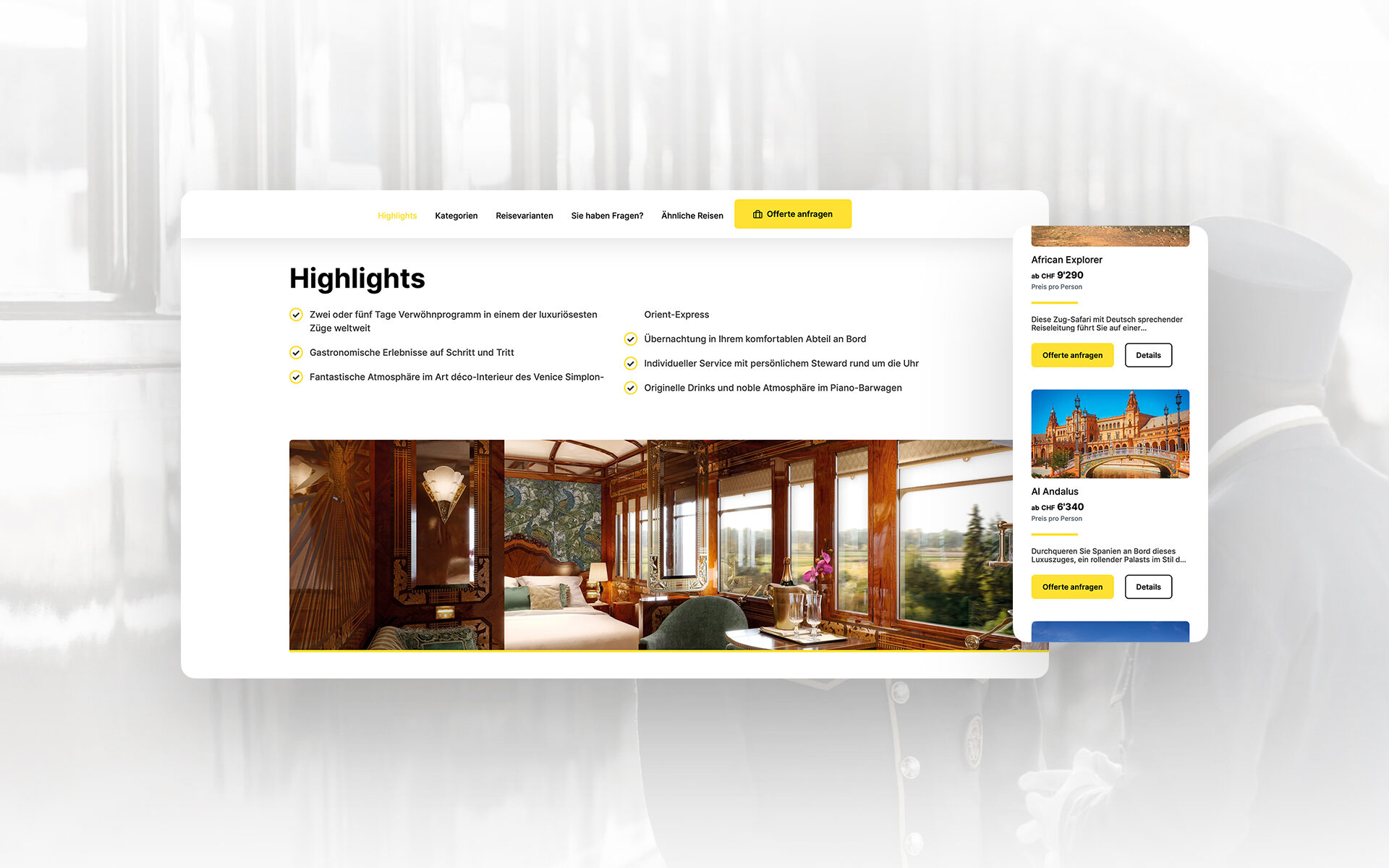 Mockup of the Railtour website showcasing highlights of luxurious train journeys. The page features exclusive experiences on the Venice Simplon-Orient-Express, including first-class dining, elegant Art Deco interiors, and personalized service. On the right, booking options for other luxury trains such as the African Explorer and Al Andalus are visible.