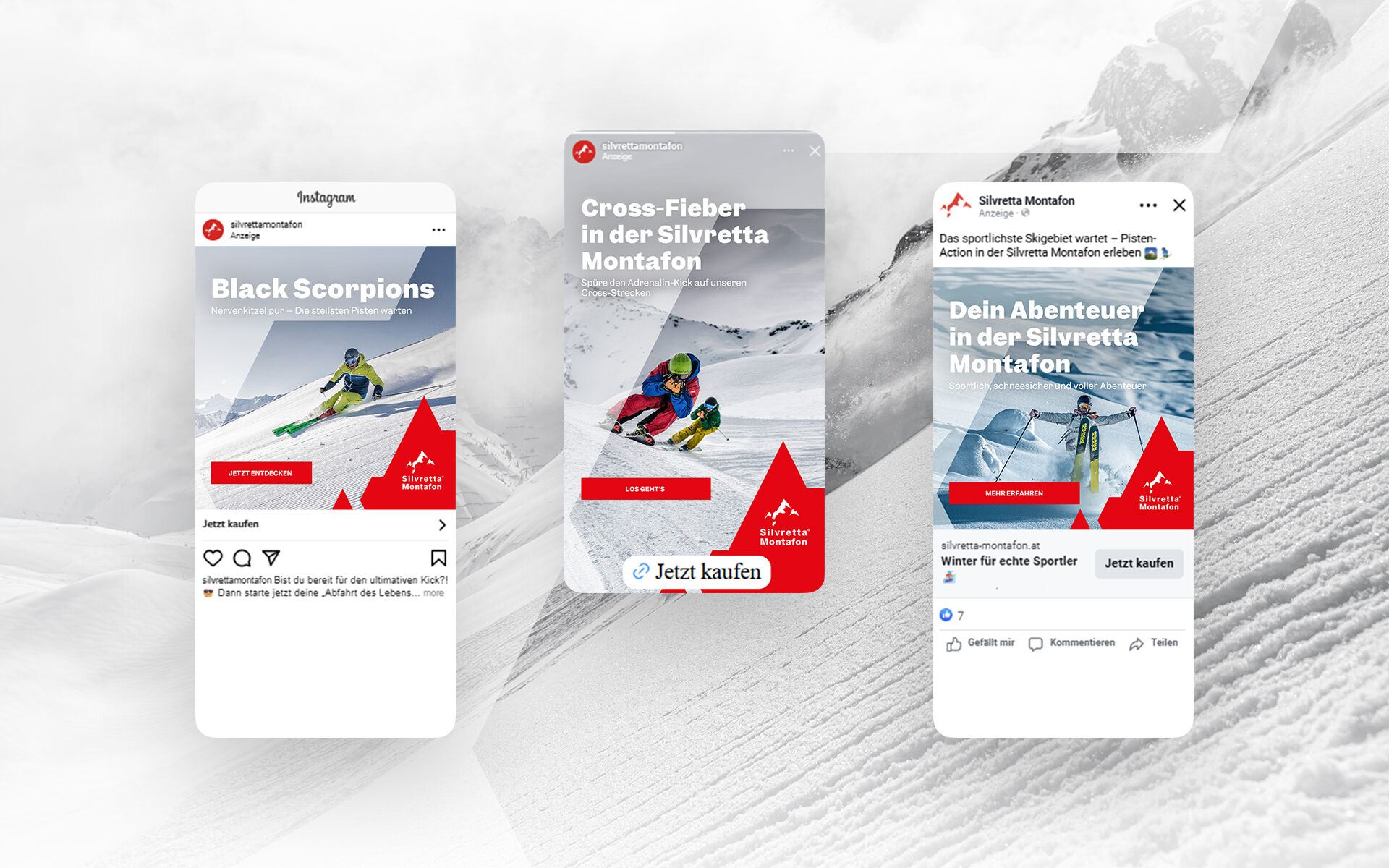 Drei digitale Anzeigen zeigen Skifahrer auf verschneiten Berghängen und werben mit fetten Texten und Call-to-Action-Buttons für Wintersportaktivitäten in der Silvretta Montafon. Erleben Sie den Nervenkitzel der Silvretta Montafoner Winterabenteuer!.