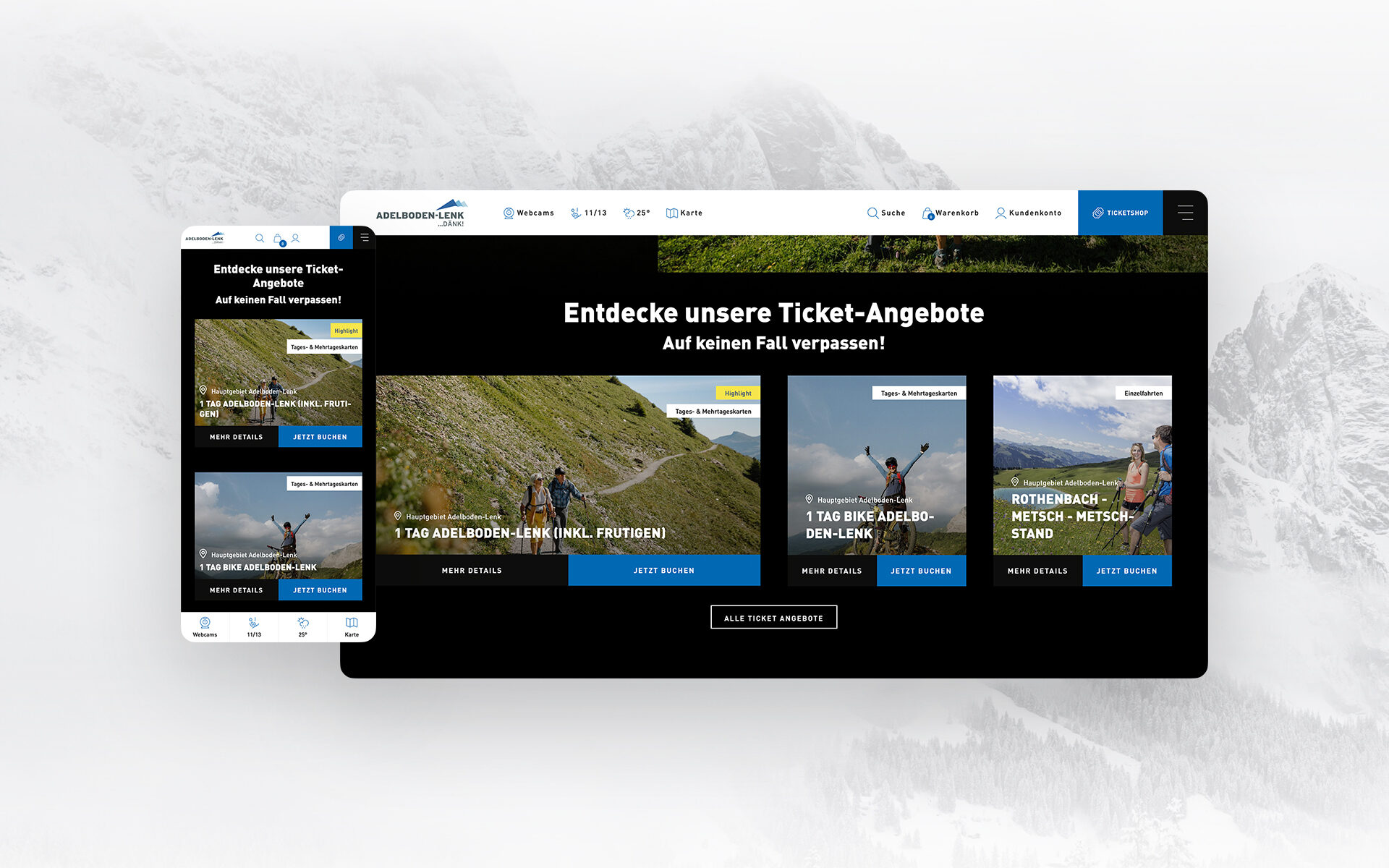 Ticket overview of the new website of the Adelboden-Lenk ski area.