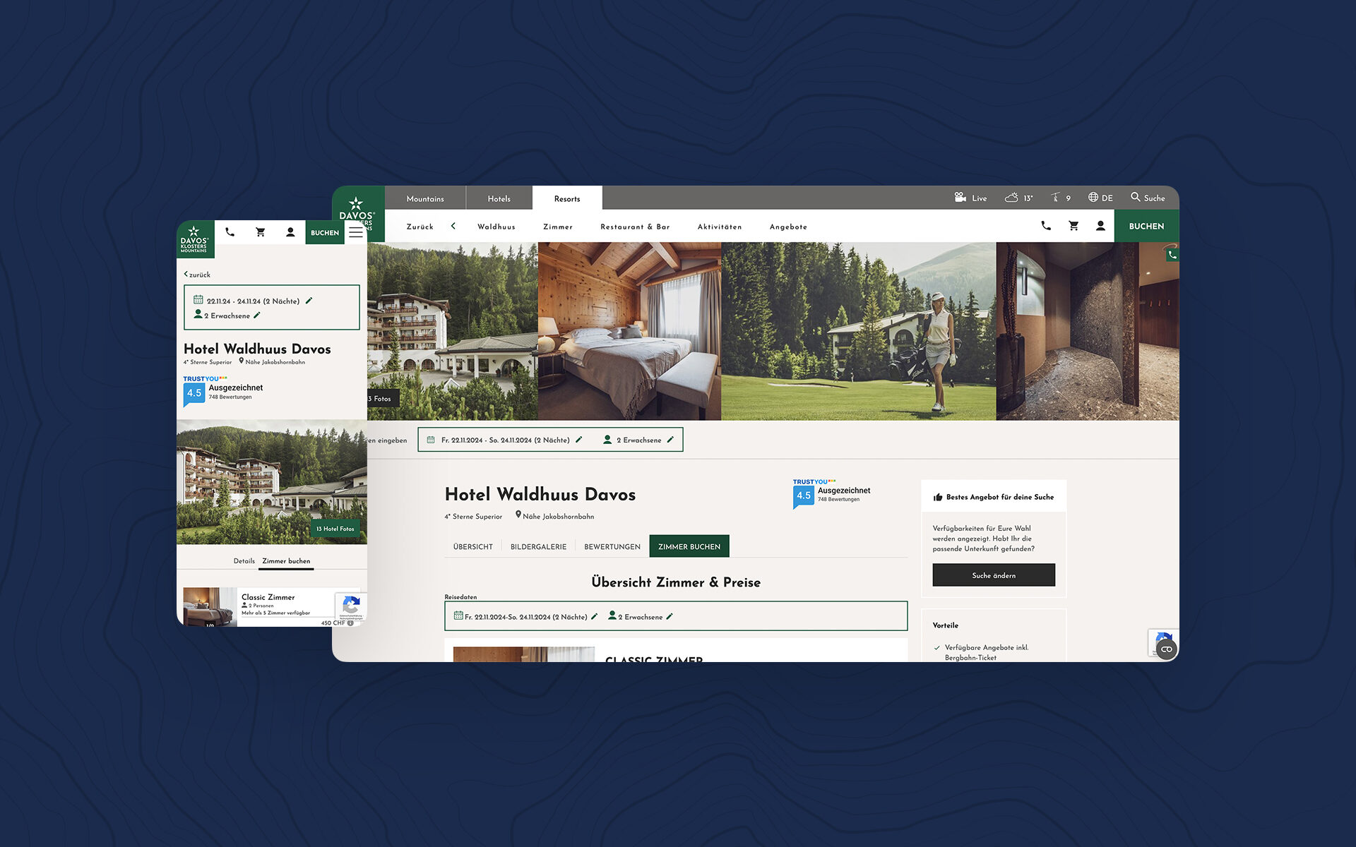Screenshot of the new website of Davos Klosters Mountains
