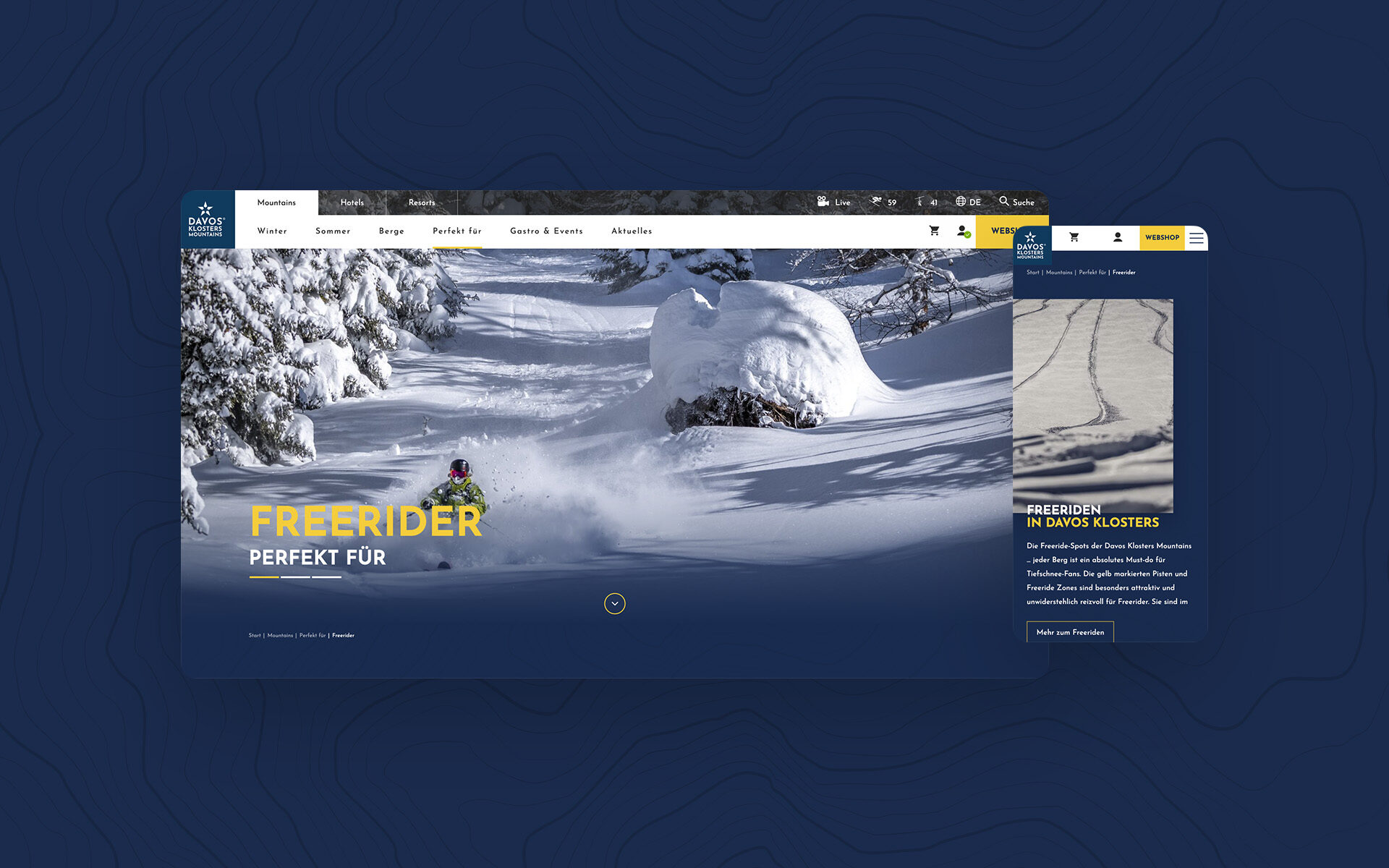 Mockup of the new website of Davos Klosters Mountains, displayed on a tablet and a smartphone.