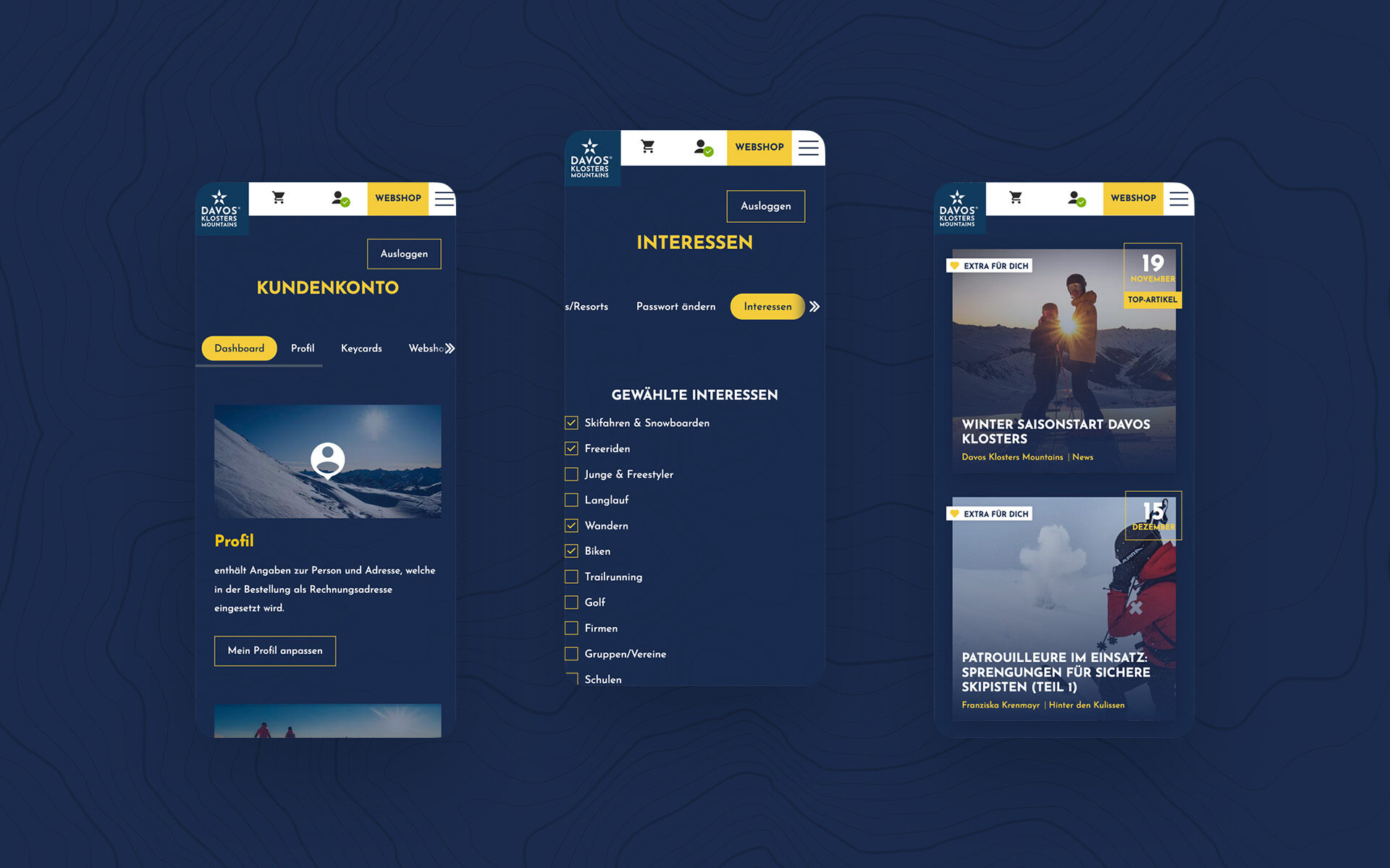Mockup der neuen Website von Davos Klosters Mountains, dargestellt auf 3 Smartphones.