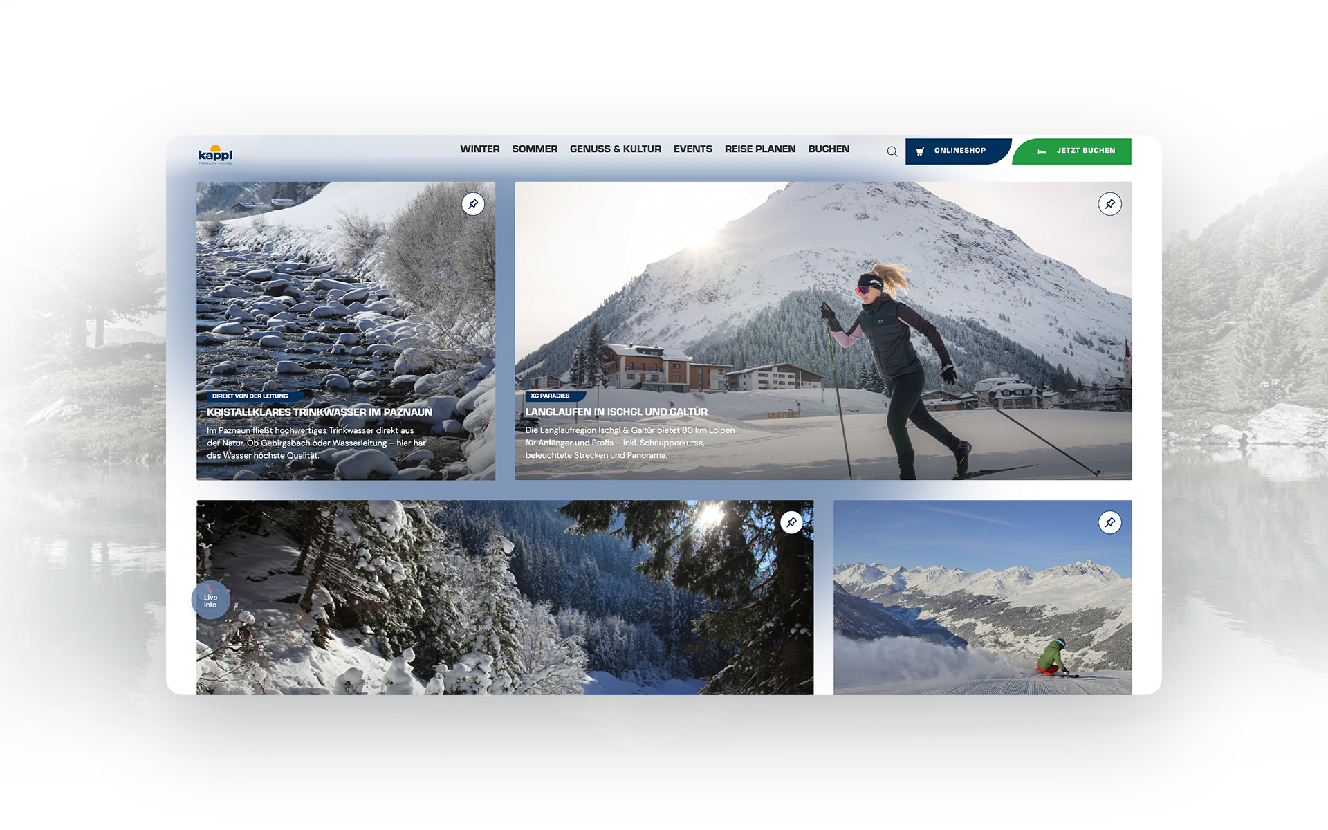 A screenshot of the Kappl website with teasers for winter activities in the Paznaun region.