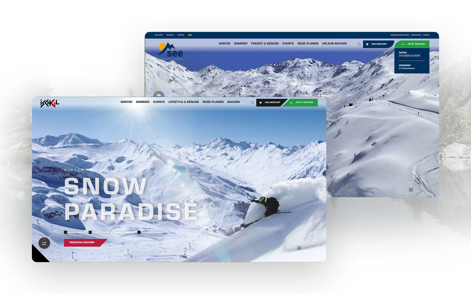 Ein Screenshot der Desktop-Ansicht der Ischgl-Website, etwas versetzt dahinter ein Screenshot der Website von Am See im Paznaun.