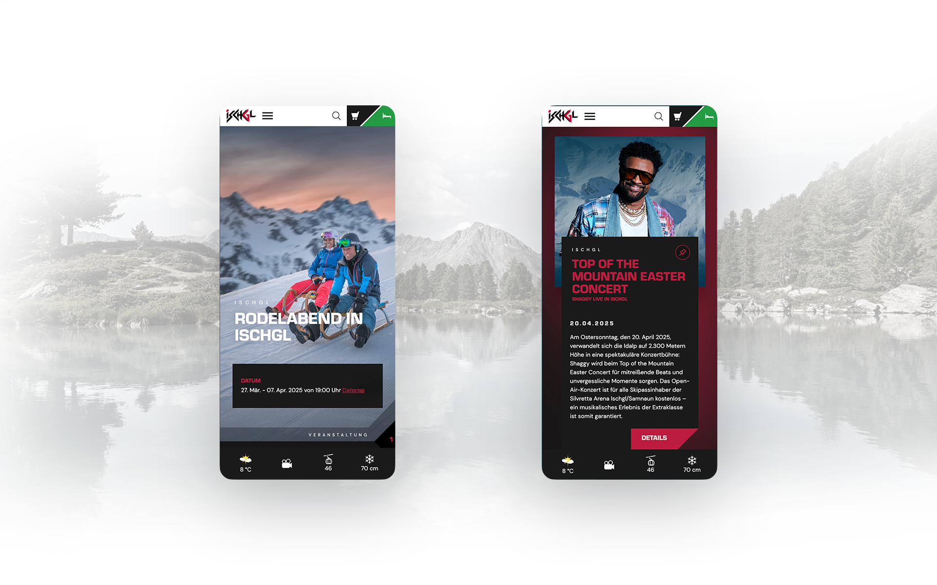 Two screenshots of the mobile website view of events in Ischgl.