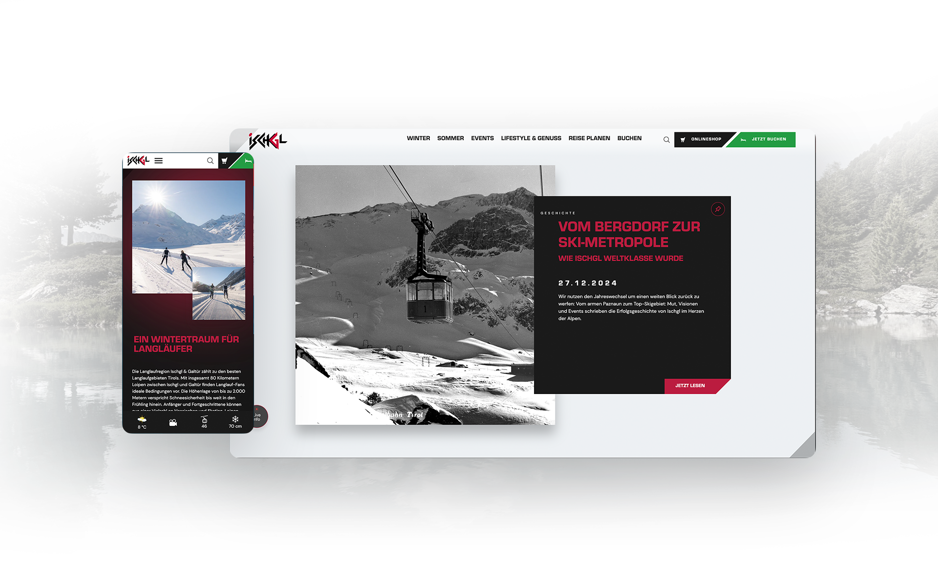 Two screenshots of the Ischgl website, one from the mobile view and one from the desktop view.