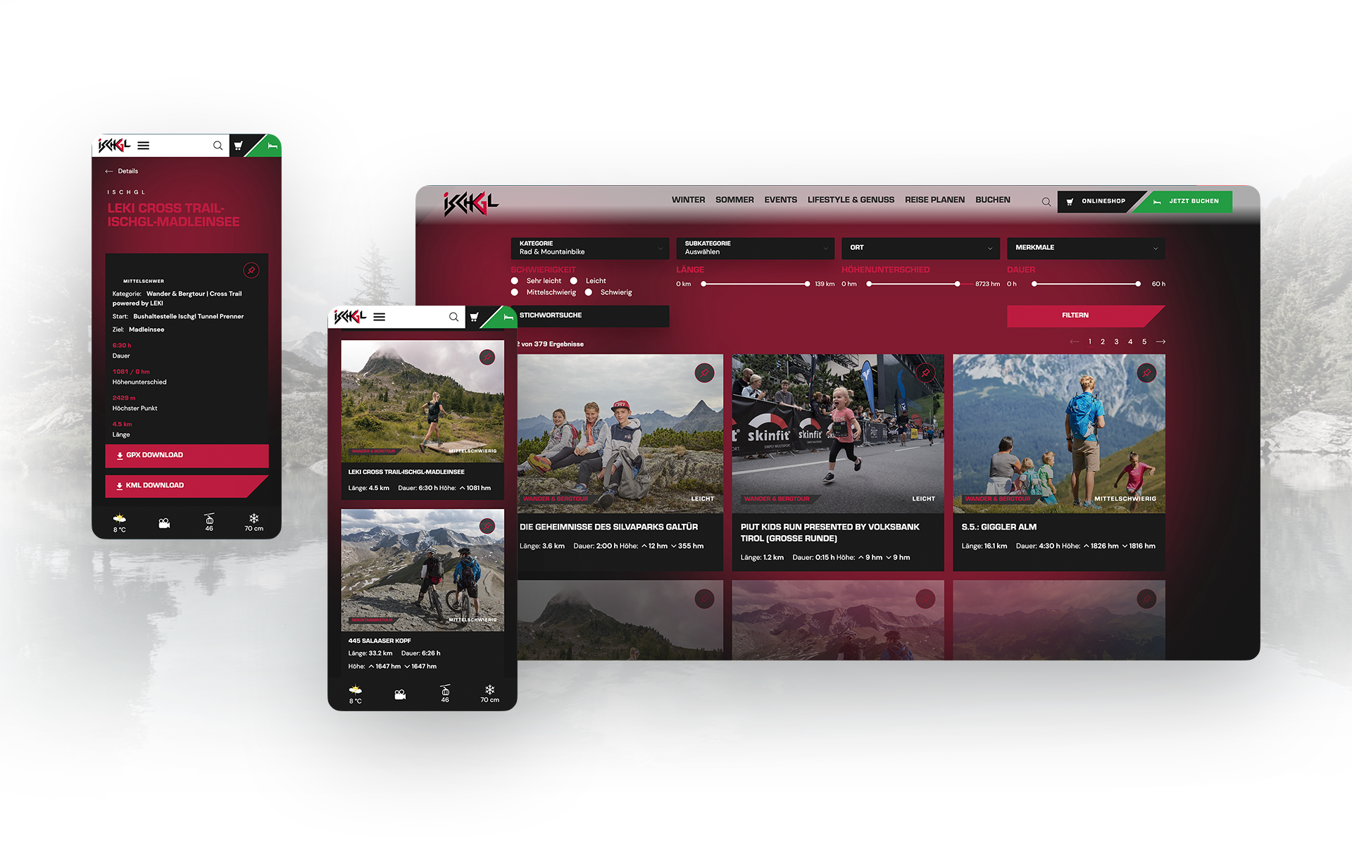 Screenshots der Ischgl-Website - zwei von der Handy- und einer von der Desktopansicht.