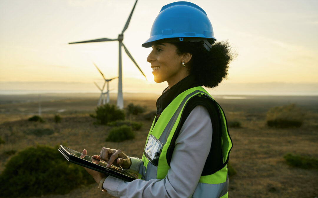Engineer woman, tablet and windmill for renewable energy, power and electricity innovation. Electrician or technician person in sunset nature for wind turbine and eco environment future maintenace