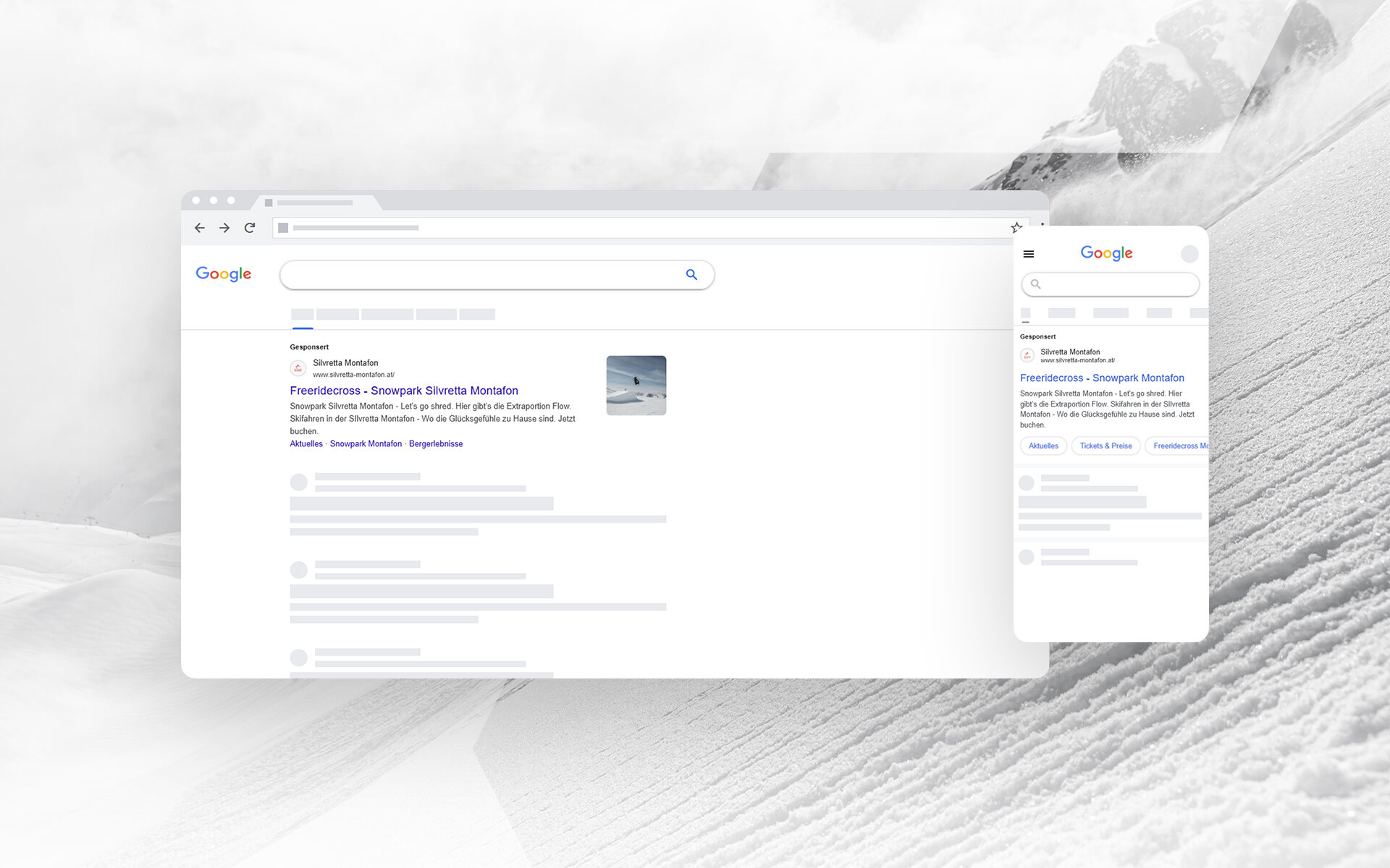 Eine Desktop- und Mobilansicht einer Google-Suchergebnisseite für "FreerideSenses - Snowpark Slovakia Montania" mit Suchschnipseln, einem Berghintergrund und Einblicken in Performance-Marketingstrategien.