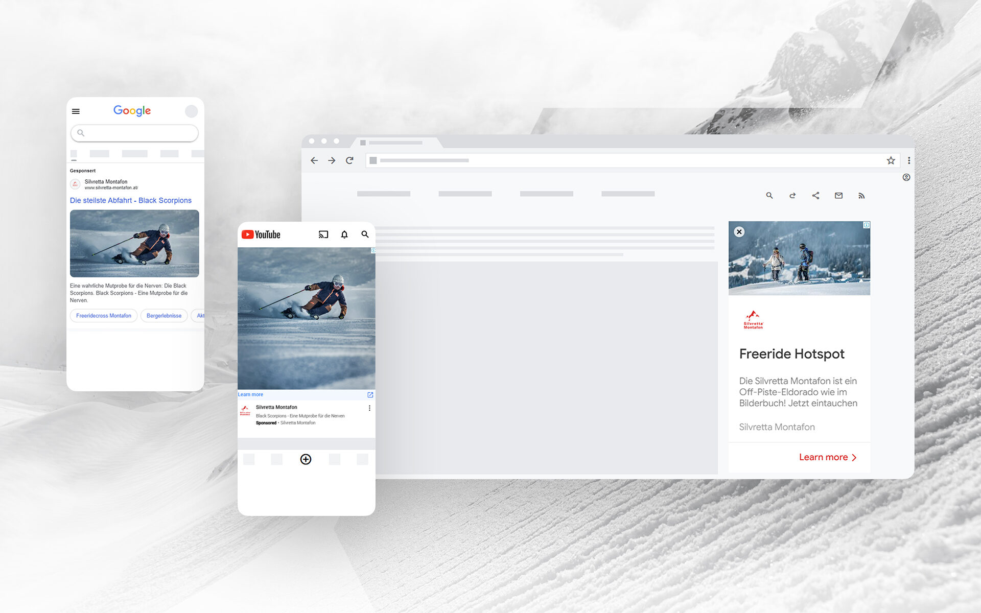 Ein digitales Mockup zeigt eine Silvretta Montafon Ski-Anzeige, die auf einer mobilen Suchmaschine, einem mobilen Social Media Feed und einer Desktop-Website-Seitenleiste angezeigt wird - perfekt für effektives Performance Marketing.