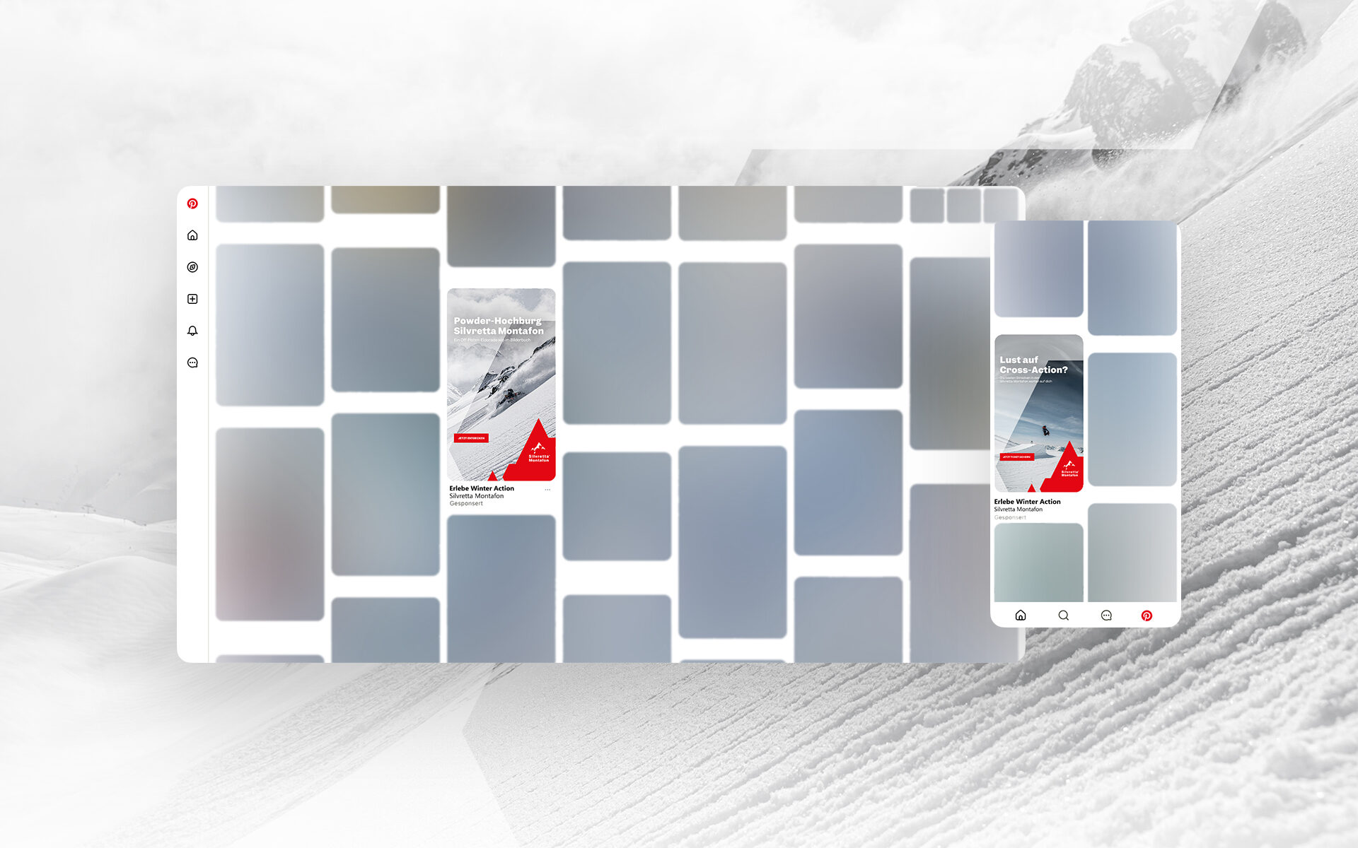 Ein digitales Interface Mockup zeigt ein Raster aus unscharfen Rechtecken mit zwei sichtbaren Karten mit Informationen zum Skigebiet Silvretta Montafon vor einem verschneiten Berghintergrund.