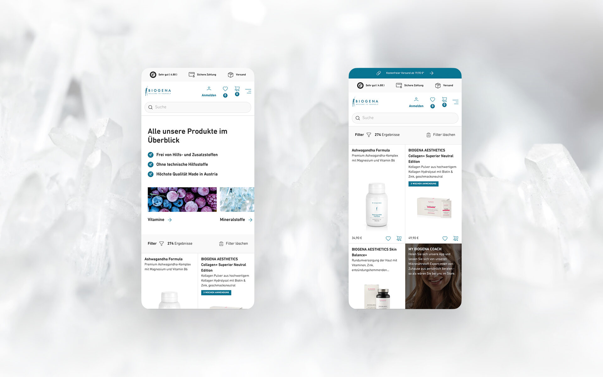 2 screenshots on Biogena mobile devices