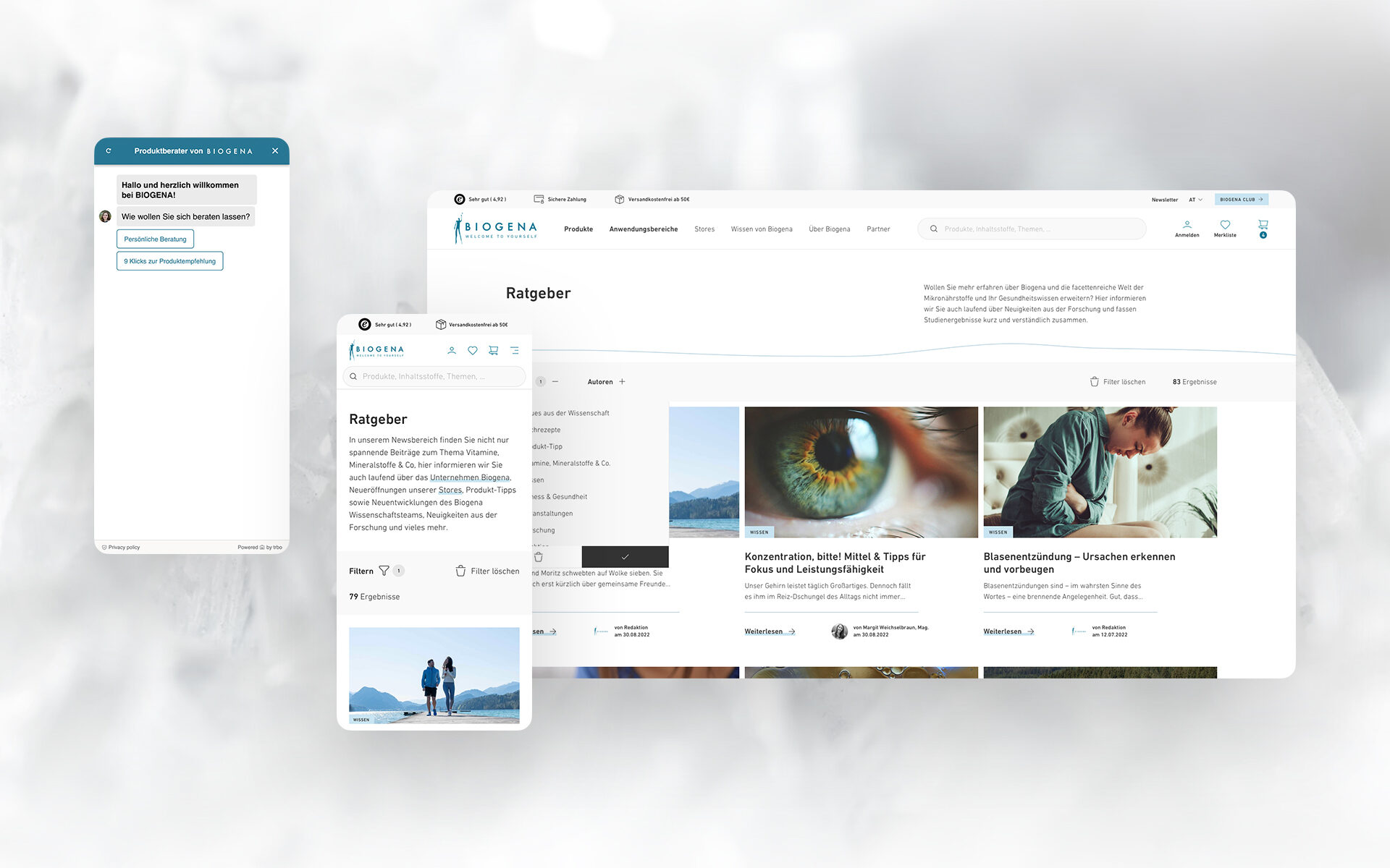 Screenshots der Biogena-Website, 2 mobil und einer Desktop