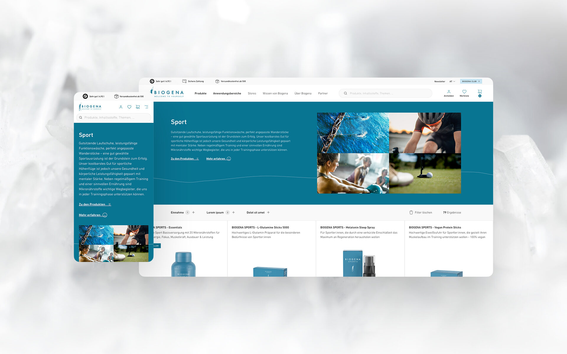 Ein mobiler Screenshot und ein Desktop-Screenshot der Biogena-Website