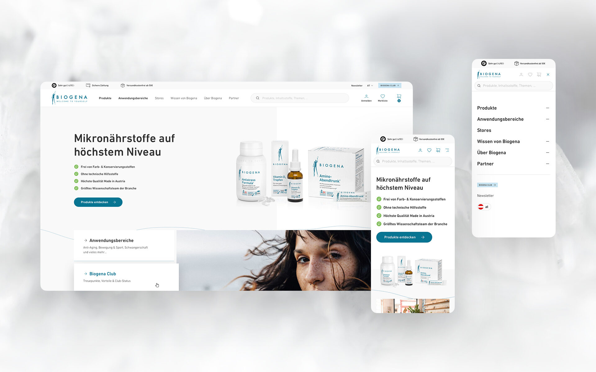 Desktop screenshot and 2 mobile screenshots of the Biogena website