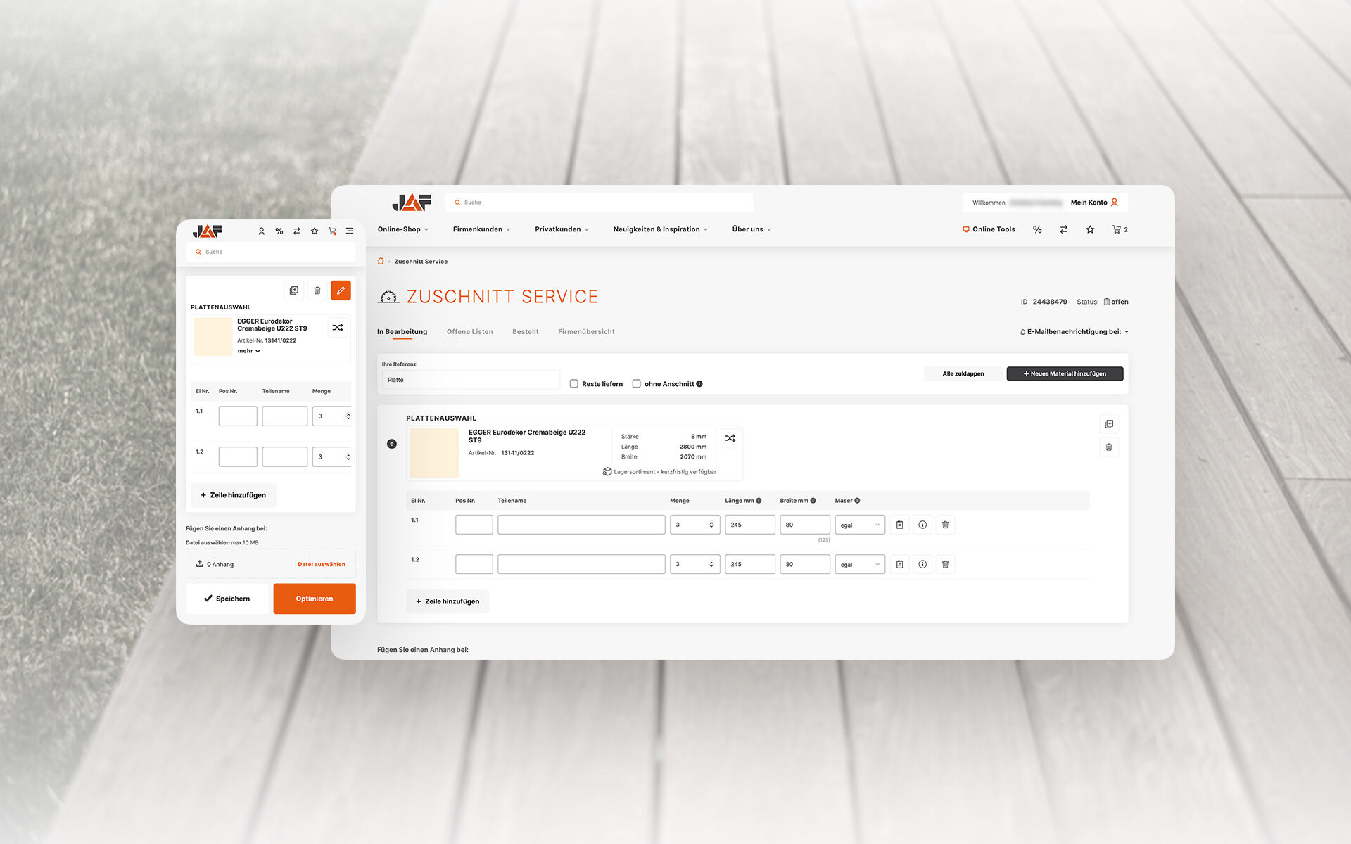 Screenshot des Zuschnitt-Services auf der Frischeis-Website