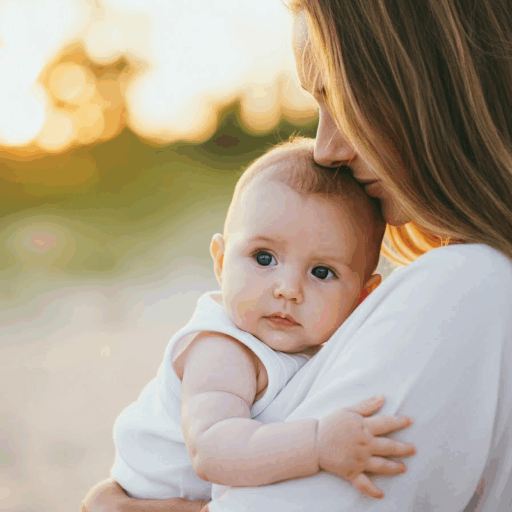 Eine Frau hält im Freien ein Baby im Arm, beide sind weiß gekleidet, vor einem unscharfen Hintergrund aus Grün und Sonnenlicht - ein Symbol für die fürsorgliche Zukunft, die im Mittelpunkt der ESG-Umsetzung steht.