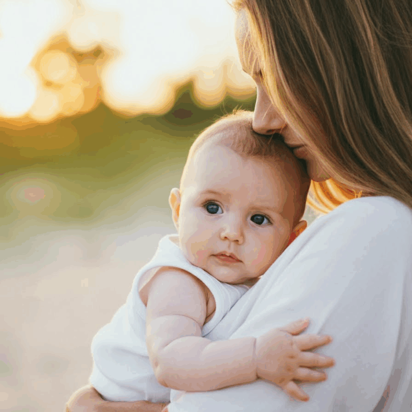 Eine Frau hält im Freien ein Baby im Arm, beide sind weiß gekleidet, vor einem unscharfen Hintergrund aus Grün und Sonnenlicht - ein Symbol für die fürsorgliche Zukunft, die im Mittelpunkt der ESG-Umsetzung steht.