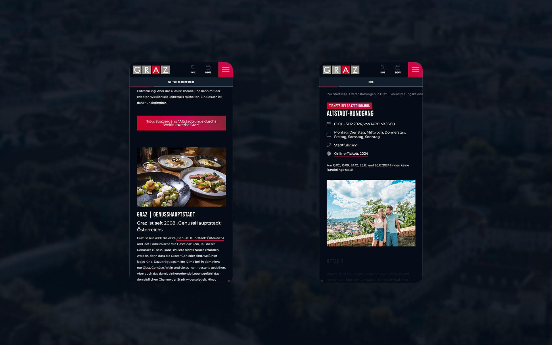Screenshot of the new website of Visit Graz, developed by valantic: Two blog articles are displayed on smartphones.
