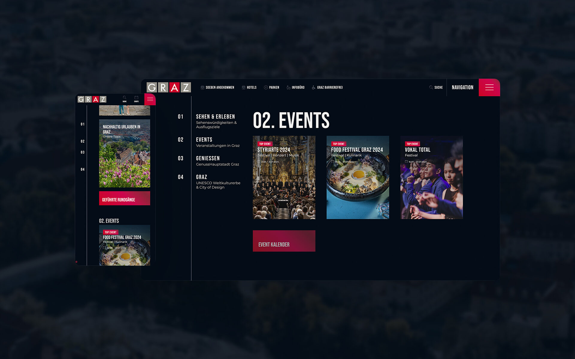 Screenshot of the new website of Visit Graz, developed by valantic: The event page is displayed.