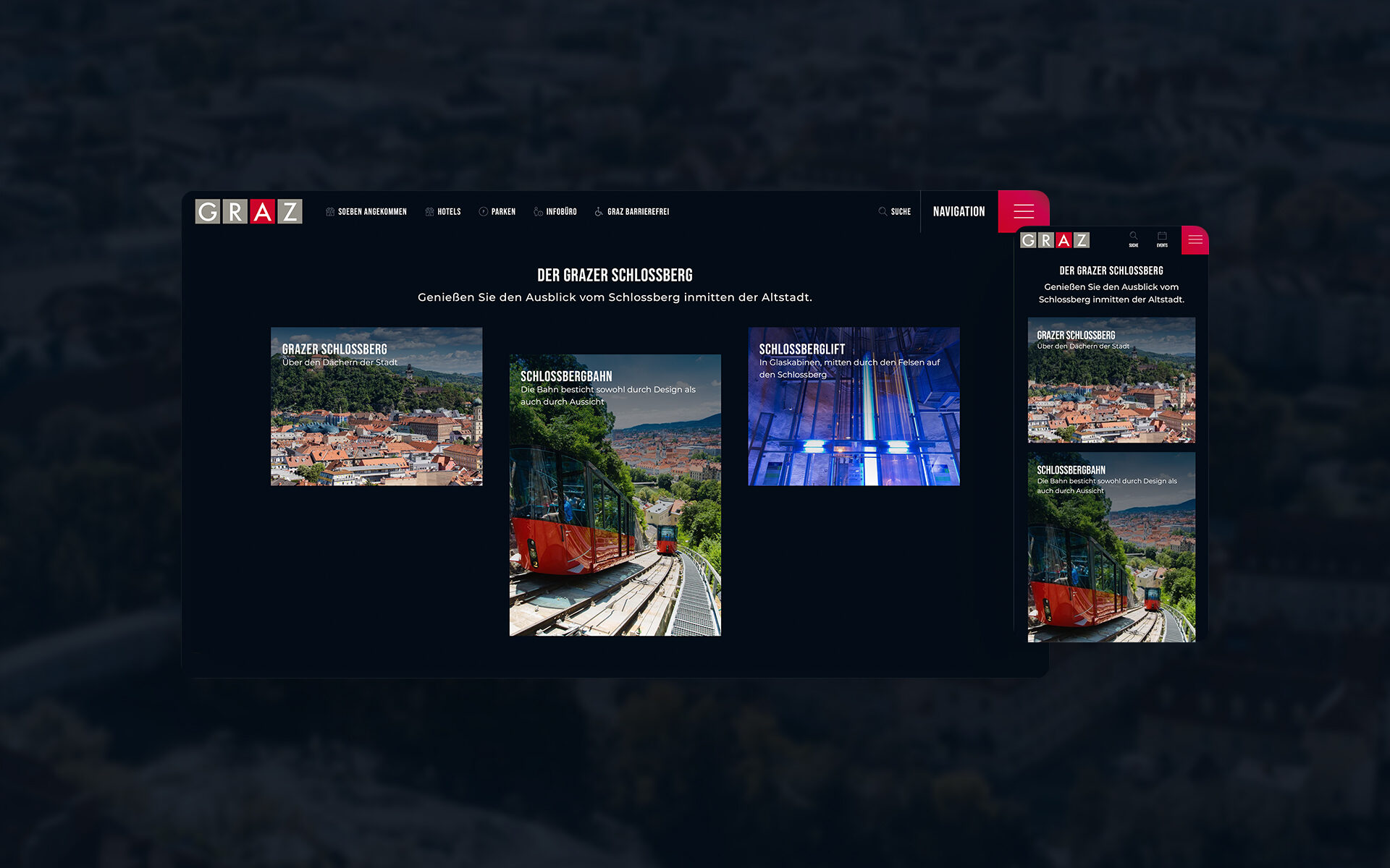 Screenshot of the new website of Visit Graz, developed by valantic Austria: Teasers leading to the Graz Schlossberg are displayed.