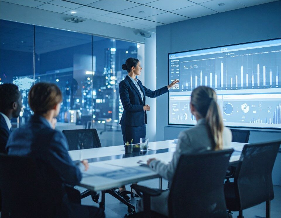 Eine Geschäftspräsentation in einem modernen Konferenzraum. Eine Person in formeller Kleidung steht vor einem großen Bildschirm, der verschiedene Diagramme, Graphen und Statistiken zeigt. Mehrere Personen sitzen am Tisch und hören aufmerksam zu, einige mit Laptops. Im Hintergrund befindet sich ein weiterer Bildschirm mit einer Weltkarte und zusätzlichen Daten.
