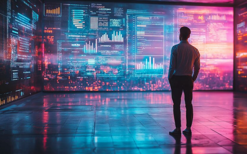 A man looking a at wall with projected data