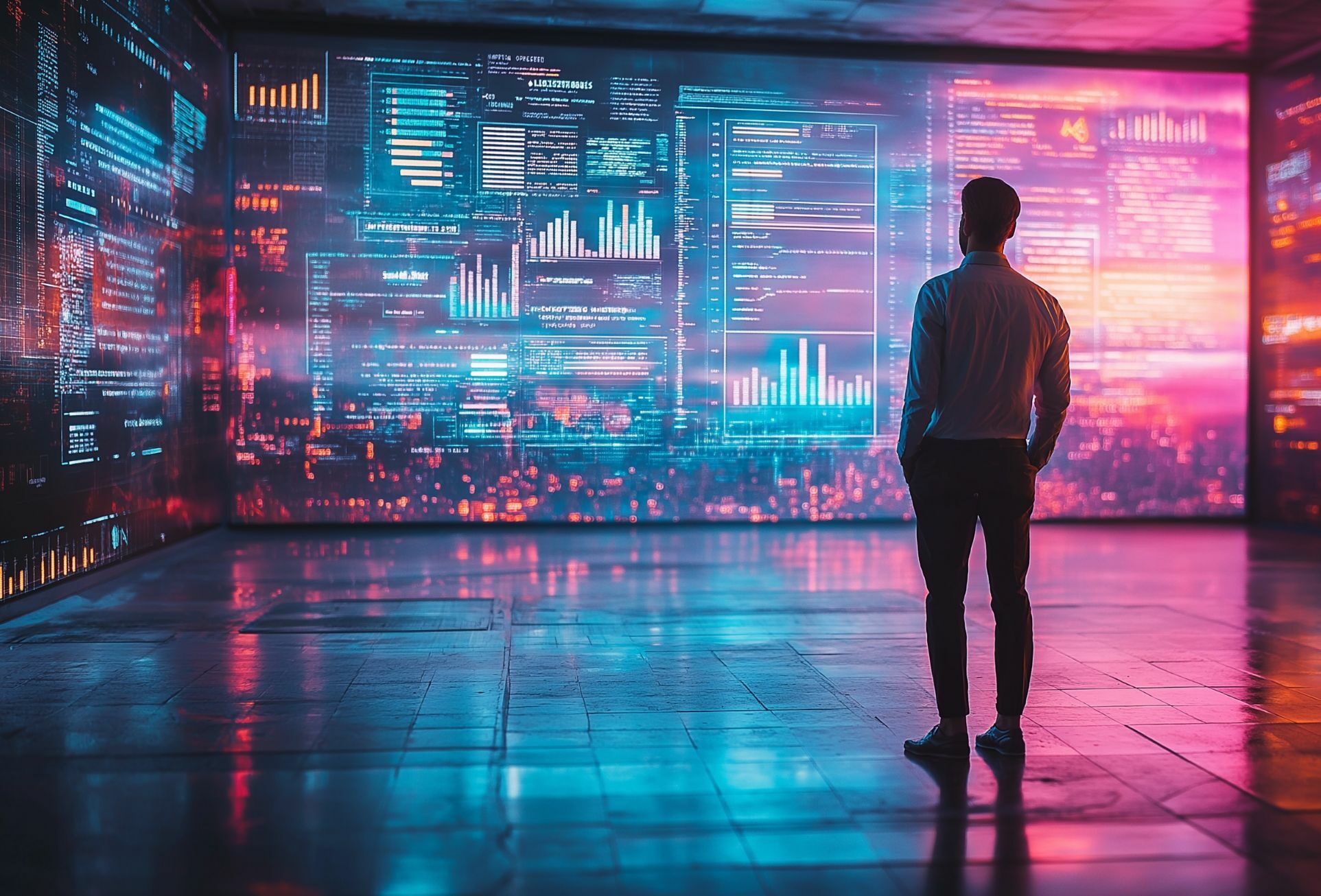 A man looking a at wall with projected data