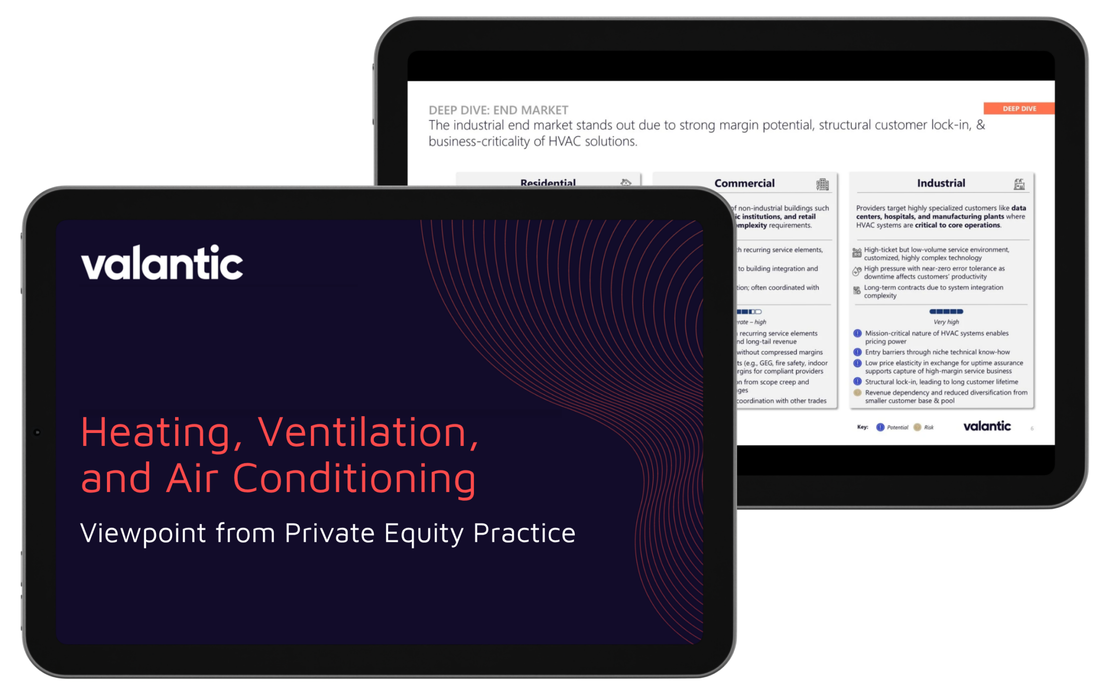 Two tablets display slides about the HVAC industry—one features a title slide, while the other presents a detailed HVAC Buy and Build market analysis chart.