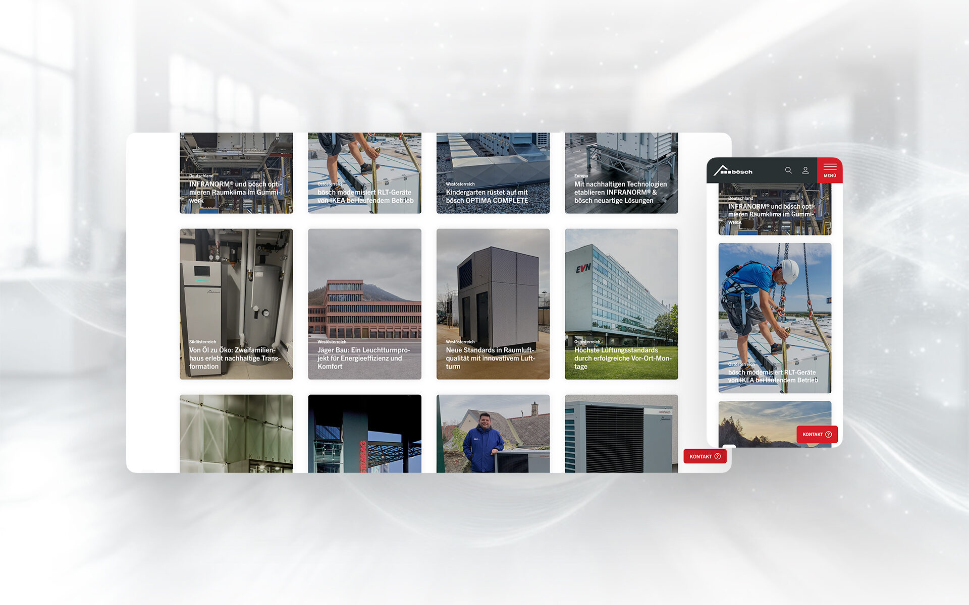 Screenshot der Bösch-Webseite mit einer Kachelübersicht zu Referenzprojekten in Desktop- und mobiler Ansicht.