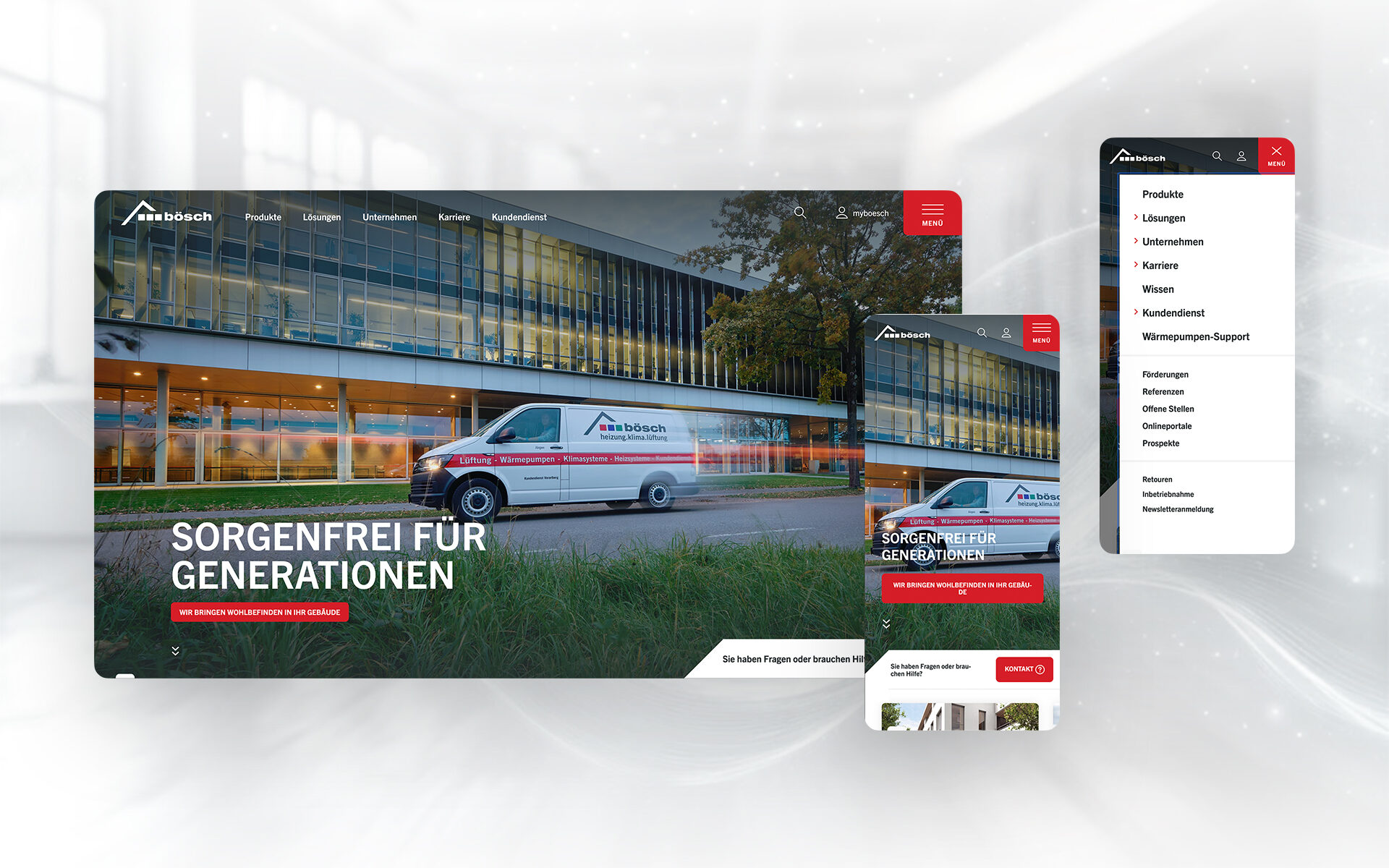 Screenshot der Bösch-Webseite mit Startseite und mobilem Menü, inklusive Slogan und Servicefahrzeug vor Firmengebäude.