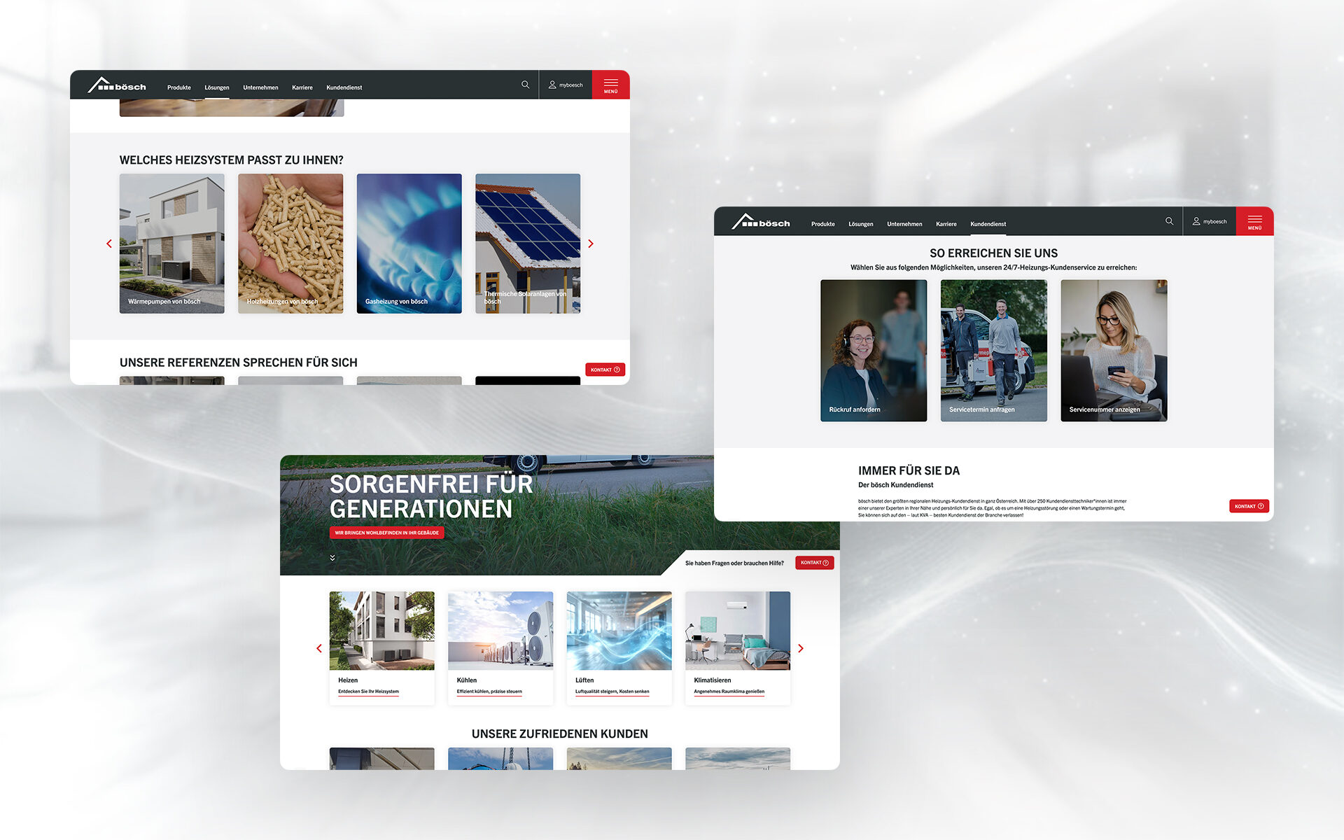 Drei Screenshots der Bösch-Webseite mit Bereichen zu Heizsystemen, Kundendienst und Produktlösungen.