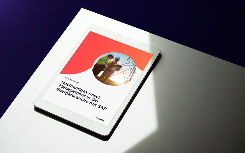 Auf einem Tablet ist ein deutschsprachiges Whitepaper mit dem Titel Nachhaltiges Asset Management in der Energiebranche mit SAP" zu sehen, das zwei Arbeiter in der Nähe von Stromleitungen zeigt und sich mit Instandhaltung und Nachhaltigkeitskennzahlen beschäftigt.