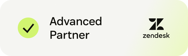 Ein grünes Häkchen neben dem Schriftzug "Advanced Partner" unterstreicht das Engagement von Zendesk für exzellenten Kundenservice, während das Zendesk-Logo und der Name auf der rechten Seite zu sehen sind.