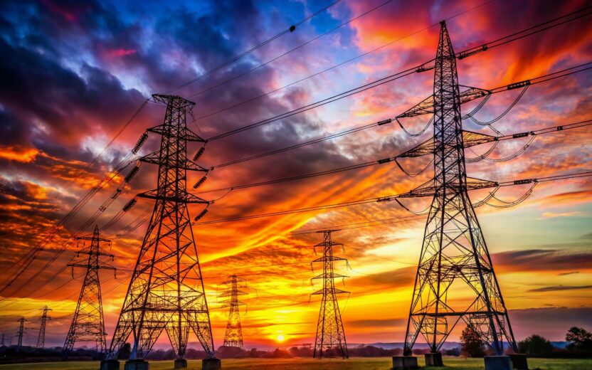 Hochspannungsleitungen und -masten stehen in einem Feld bei Sonnenuntergang, mit dramatischen Wolken und leuchtenden Farben am Himmel - eine eindrucksvolle Szene, die die Digitalisierung widerspiegelt, die Energieversorger heute umgestaltet.