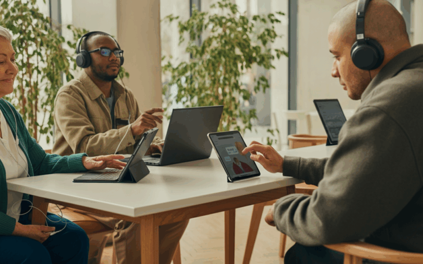 Drei Personen sitzen an einem Tisch mit Laptops und Tablets, tragen Kopfhörer und arbeiten oder beschäftigen sich in einem hellen Raum mit ihren Geräten. Sie erforschen Digitale Barrierefreiheit mit KI, um barrierefreie digitale Lösungen zu schaffen.
