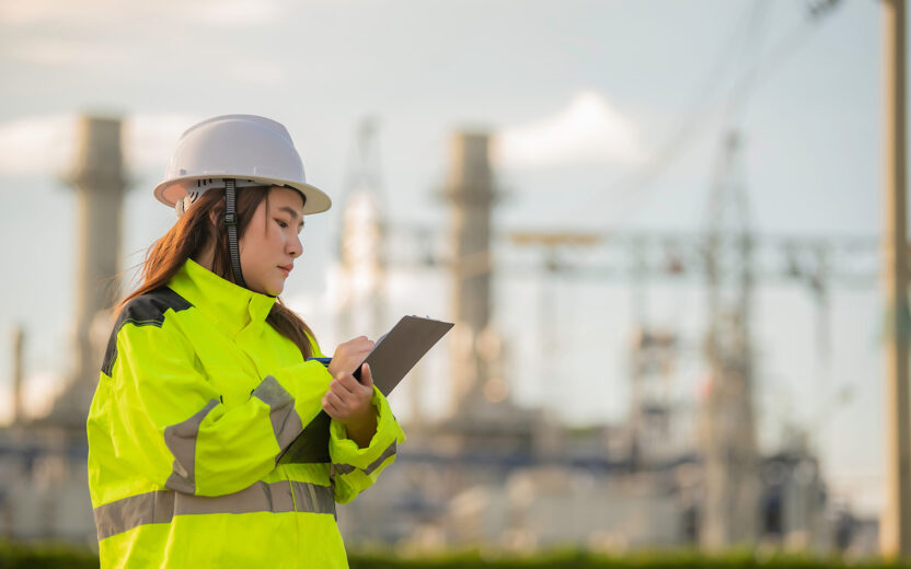 A woman wearing a hard hat and high-visibility jacket writes on a clipboard outdoors at an industrial facility, supporting asset lifecycle management for grid operators.