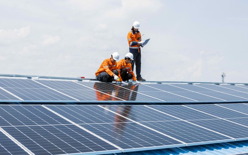 Drei Arbeiter in orangefarbenen Uniformen und Helmen installieren und überprüfen unter bewölktem Himmel Solarmodule auf einem Dach und zeigen damit die Digitalisierung in der Energieversorgerbranche.