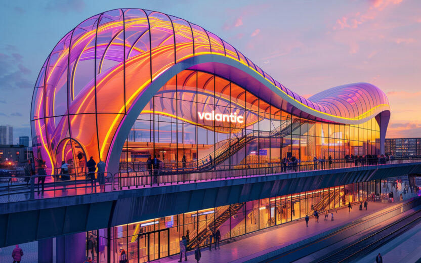Ein moderner Bahnhof mit einem geschwungenen, beleuchteten Glasdach mit der Aufschrift "valantic", der bei Sonnenuntergang von Menschen bevölkert ist, zeigt die nahtlose Integration von agentenbasierter KI in die Koordination von Fahrgastströmen und Fahrplänen.