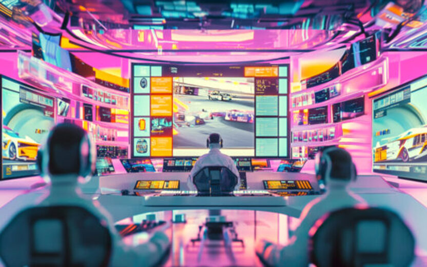 In einem futuristisch gestalteten, hell erleuchteten Hightech-Kontrollraum blicken drei Personen an Steuerpulten auf mehrere Bildschirme, auf denen Rennwagen und Daten angezeigt werden, unterstützt von einer agentenbasierten KI.