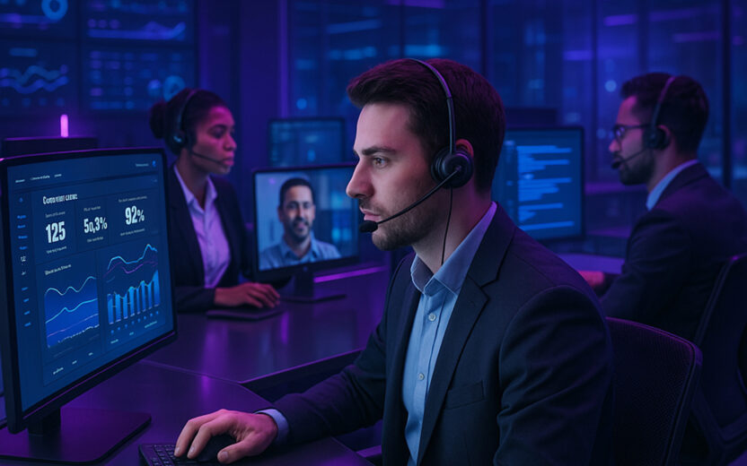 Drei Fachleute arbeiten an Computerstationen mit Headsets und analysieren Datendiagramme, die von einer agentenbasierten KI auf Monitoren in einem modernen Büro mit lila-blauer Beleuchtung gesteuert werden.