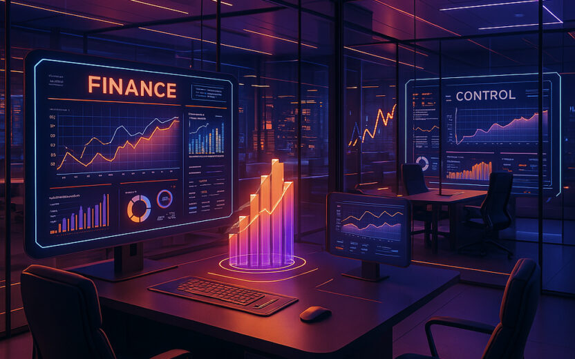 In einem modernen Büro mit großen Monitoren werden Finanz- und Kontrolltabellen, Diagramme und Daten angezeigt. Agentische KI steuert ein leuchtendes Balkendiagramm-Hologramm über einem Schreibtisch in dieser schwach beleuchteten High-Tech-Umgebung.