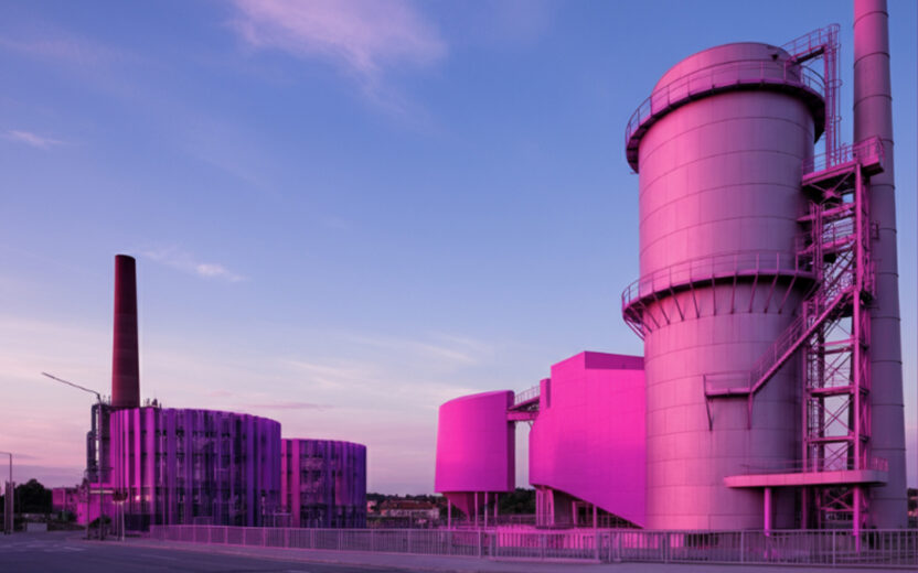 Industriegebäude und ein hoher zylindrischer Turm, die in rosa Licht unter einem Dämmerungshimmel erstrahlen, schaffen eine futuristische Szene, die an eine agentenbasierte KI erinnert, die die Landschaft gestaltet.