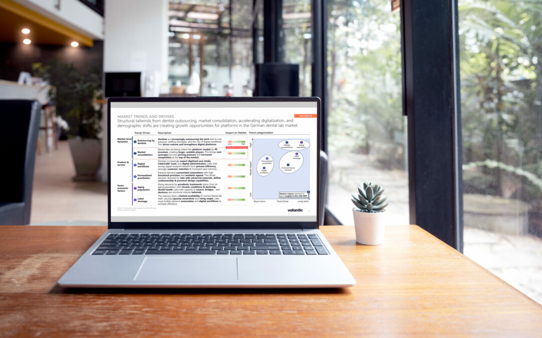 A laptop which displays a slide on the dental laboratory dach market trends and drivers.